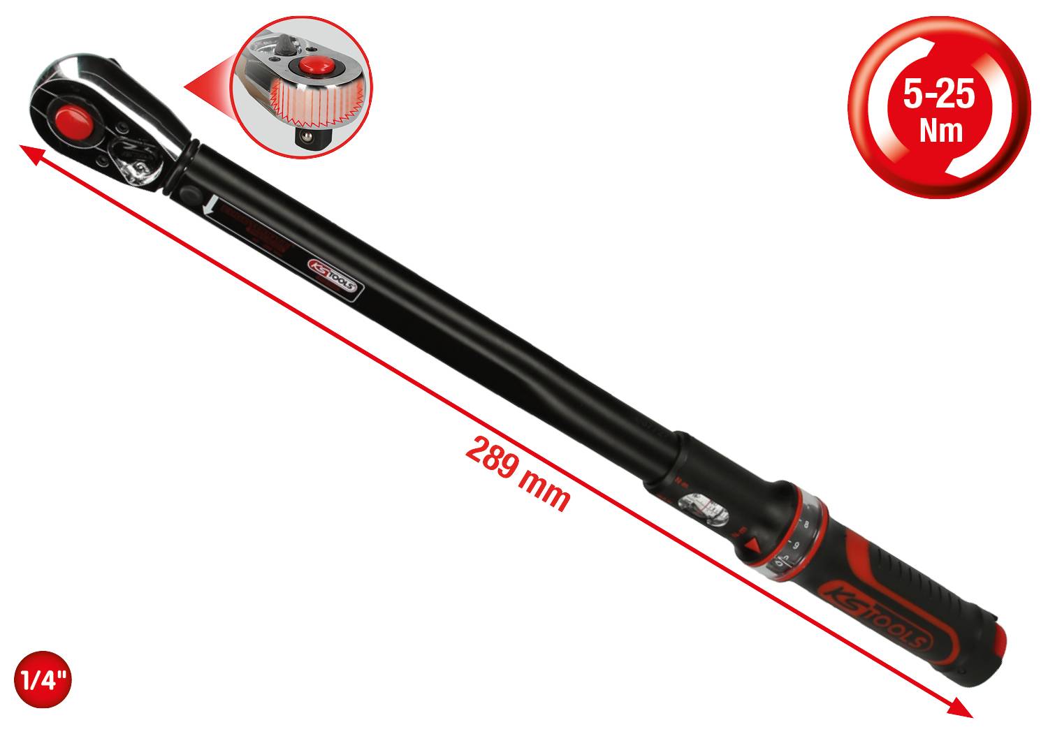 Drehmomentschlüssel, Bereich 5-25 Nm, Länge 289 mm, 1/4-Zoll-Aufnahme, mit Drehknopf zur Feineinstellung.