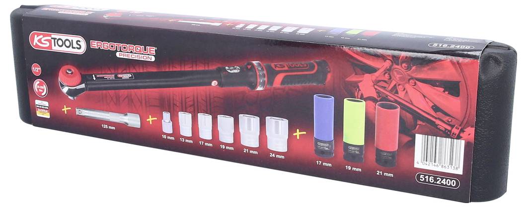 Verpackung eines Drehmomentschlüssels von KS Tools, 1/2-Zoll-Antrieb, mit sieben farbcodierten Stecknüssen, Modellnummer 516.2400.