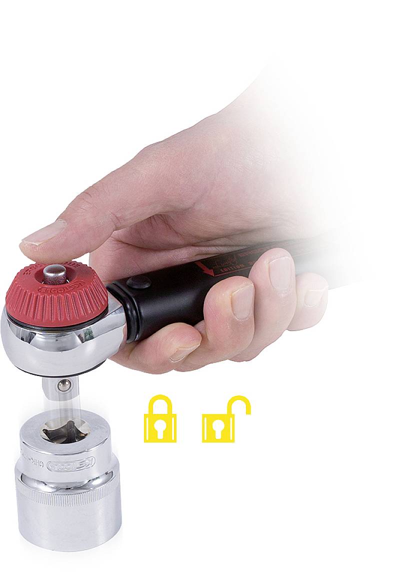 Eine Hand hält ein Drehmomentschlüssel-Werkzeug mit einer roten Kappe und führt es auf eine Metallöffnung. Daneben sind gelbe Schloss-Symbole.