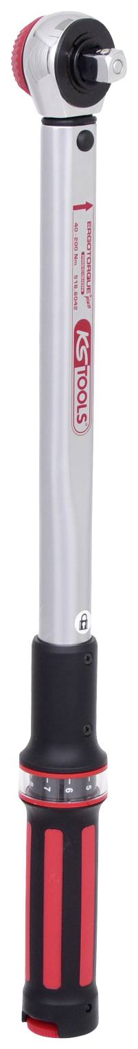 Ein Drehmomentschlüssel mit einem ergonomischen Griff, silbernem Schaft und roten Markierungen, geeignet für präzises Anziehen von Schrauben.