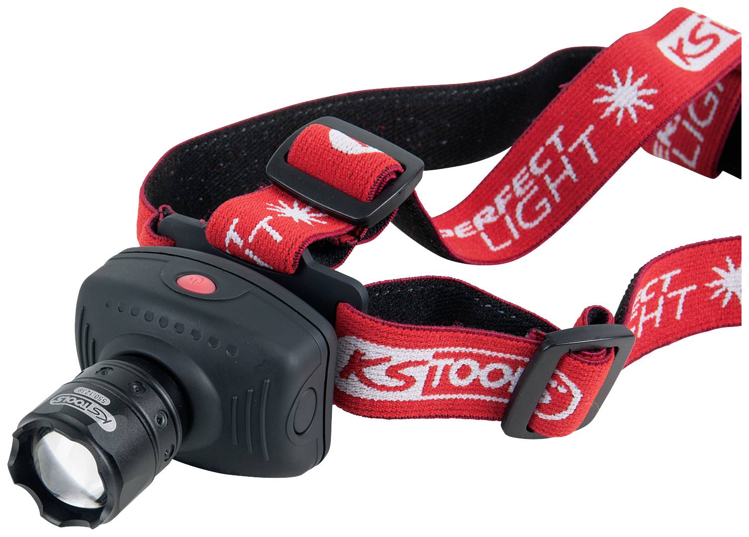 Schwarze Stirnlampe mit rotem, verstellbarem Band. Linsengehäuse vorne, 'PERFECT LIGHT' auf dem Band. Ideal für Outdoor-Aktivitäten.