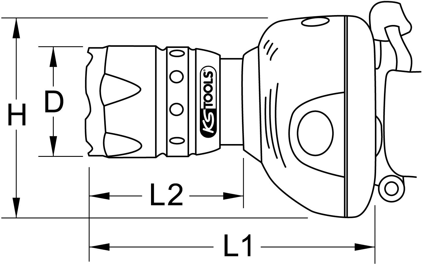 Schwarz-Weiß-Zeichnung eines Winkelschleifers mit den Maßangaben H, D, L2 und L1. Das Werkzeug hat ein KSTools-Logo.