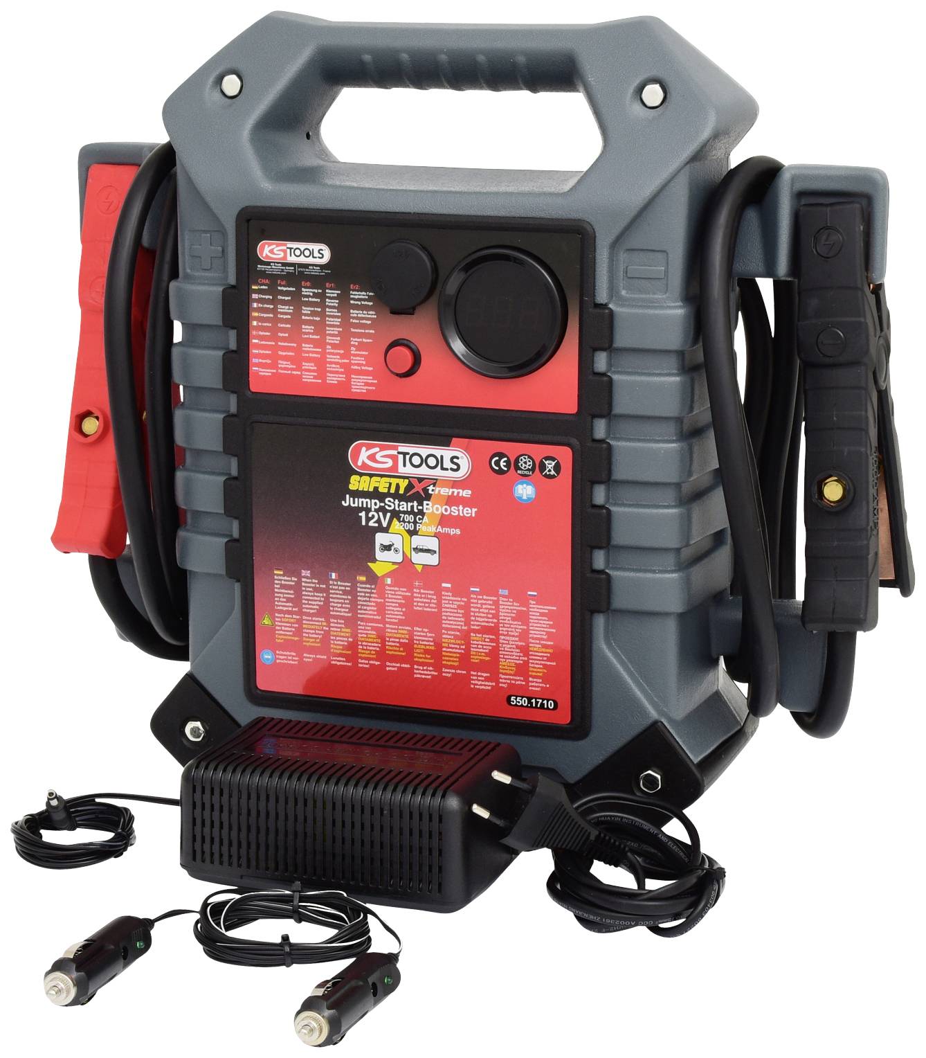 Starthilfegerät der Marke KS Tools, 12V, mit Tragegriff, Klemmen und Kabeln. Geeignet für den Start von Fahrzeugen bei entladener Batterie.