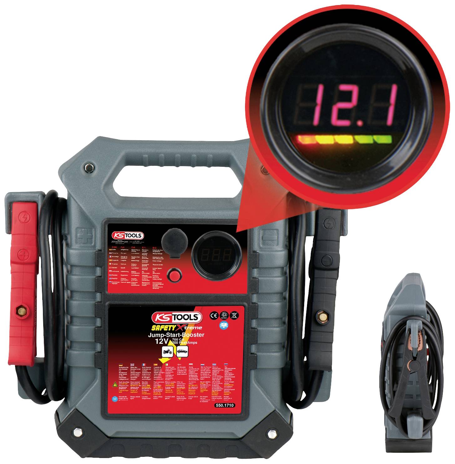 Eine tragbare Starthilfe von KS Tools mit digitaler Anzeige '12.1'. Zeigt den Ladezustand des Akkus an. Geeignet für 12V-Batterien.