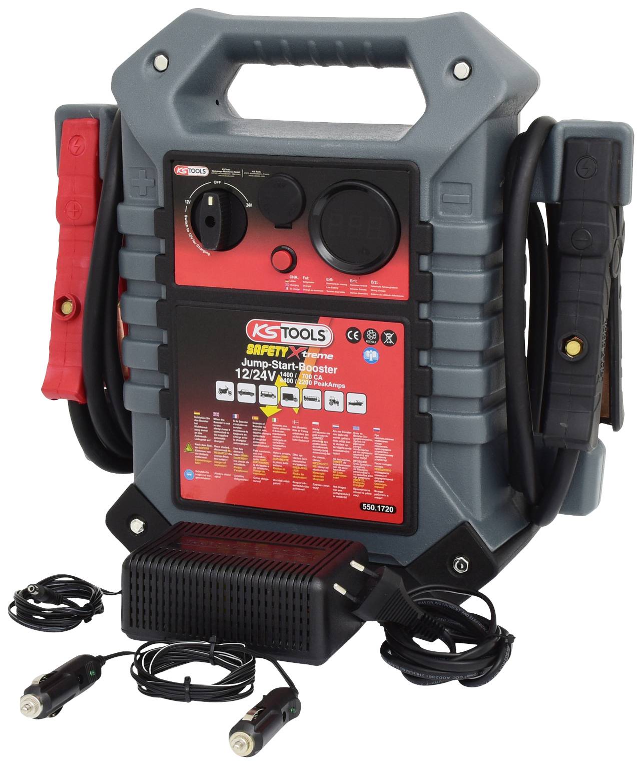Tragbarer Jump-Starter für Autos mit 12/24 V. Ermöglicht schnelles Starten bei leerer Batterie. Kompakte, robuste Bauweise.