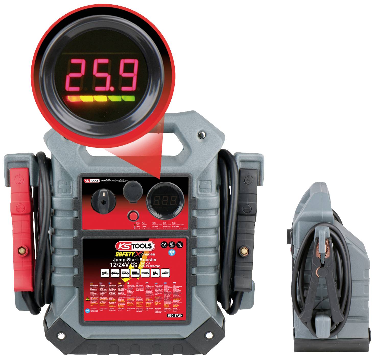 Tragbarer Autobatteriestarter mit digitalem Display, zeigt '25,9' an. Gerätefront enthält Kabel und Bedienknöpfe.