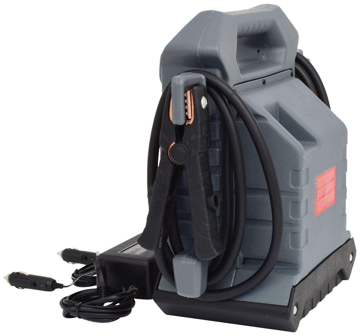Tragbarer Jumpstarter in grauem Gehäuse, mit Kabeln und Klemmen. Wird zum Starten von Fahrzeugen bei entladener Batterie verwendet.