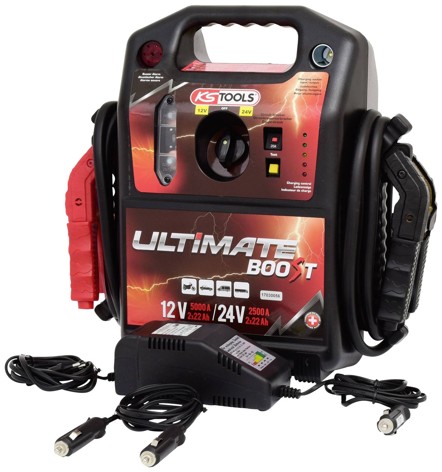 Tragbarer Startbooster 'Ultimate Boost' mit 12V und 24V, zeigt Stromwerte von 500A/250A. Enthält Batterieklemmen und Kabel.
