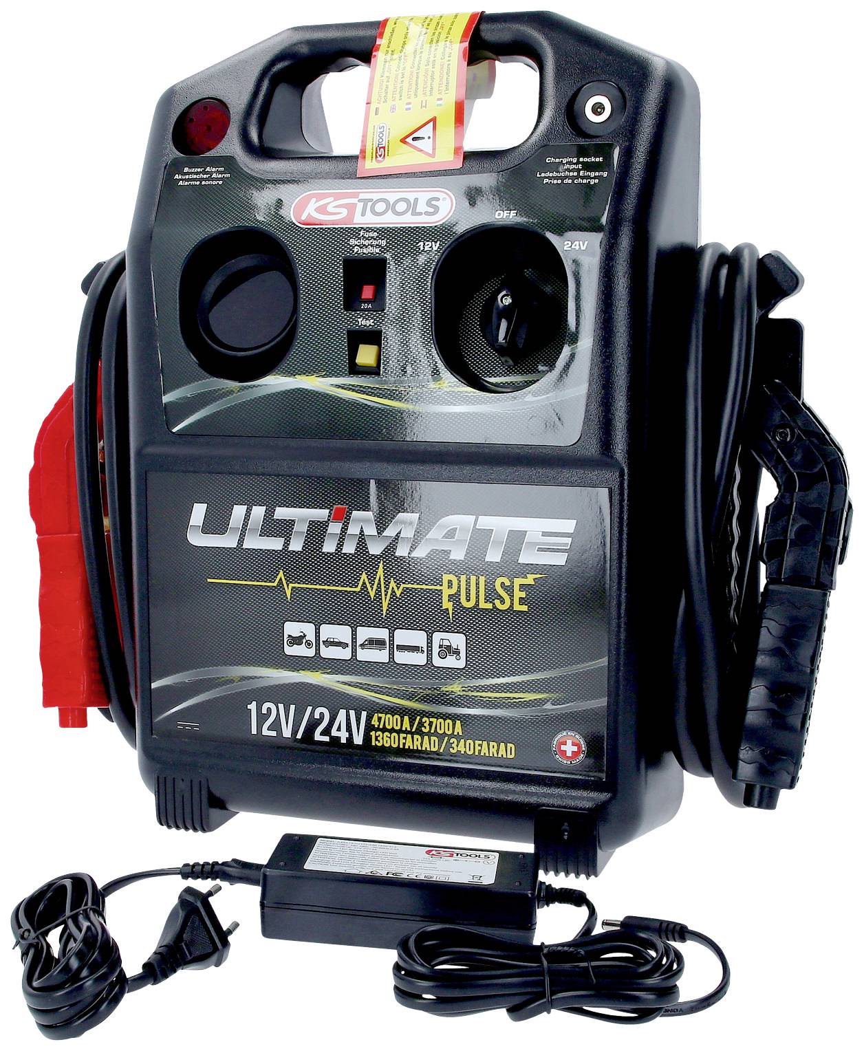 Ein tragbares Starthilfegerät mit der Aufschrift 'ULTiMATE PULSE', geeignet für 12V/24V Fahrzeuge. Enthält Kabel und Ladegerät.