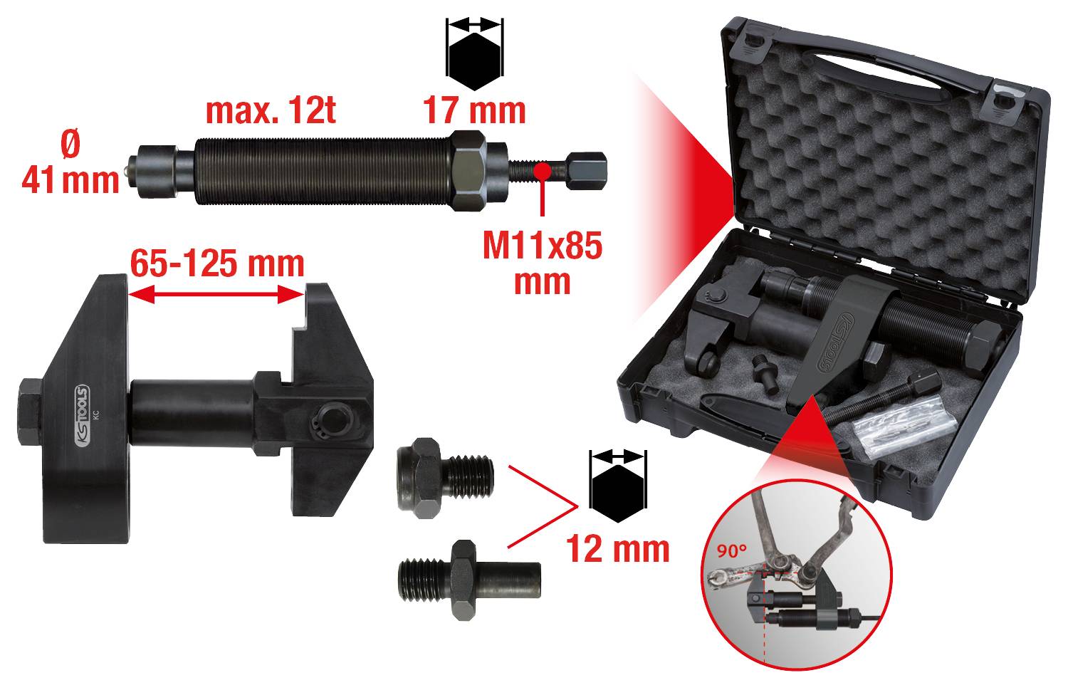 Satz von Werkzeugen zur Achsjustierung: Enthält Gewindebolzen, Einstellgerät (65-125 mm), Schrauben (12 mm), in einem Tragekoffer.