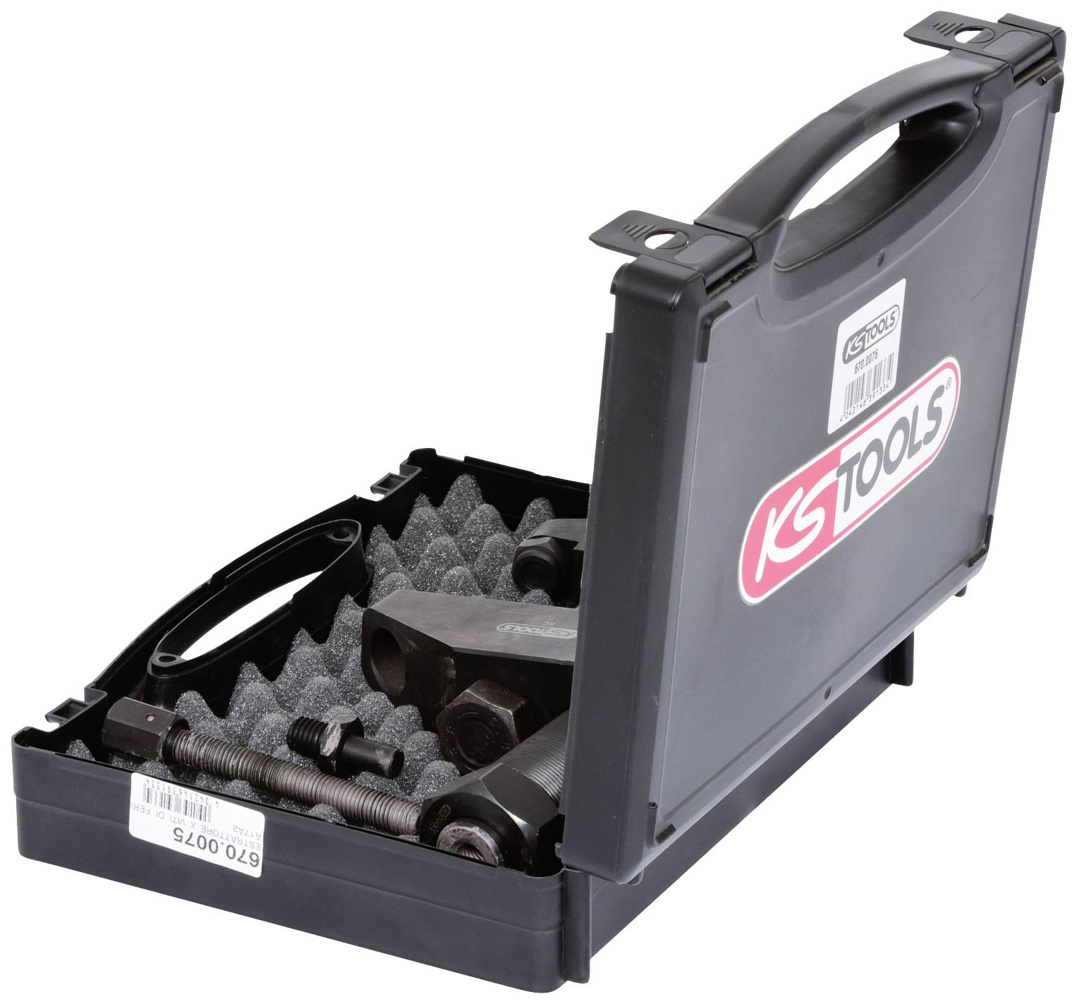 Ein offener schwarzer Werkzeugkoffer von KS Tools mit verschiedenen Metallwerkzeugen, darunter Schrauben und Klemmen, auf Schaumstoffeinlage.