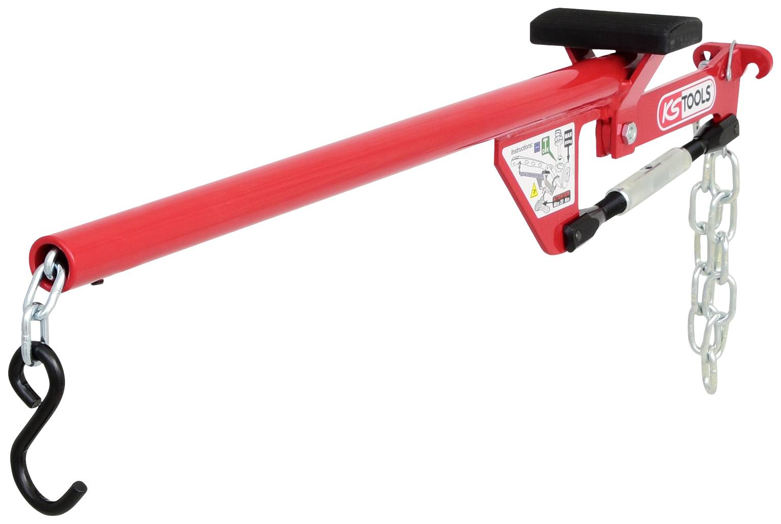 Roter Motorkran-Heber mit Metallhaken und Ketten, verwendet zum Anheben von Motoren in Werkstätten.