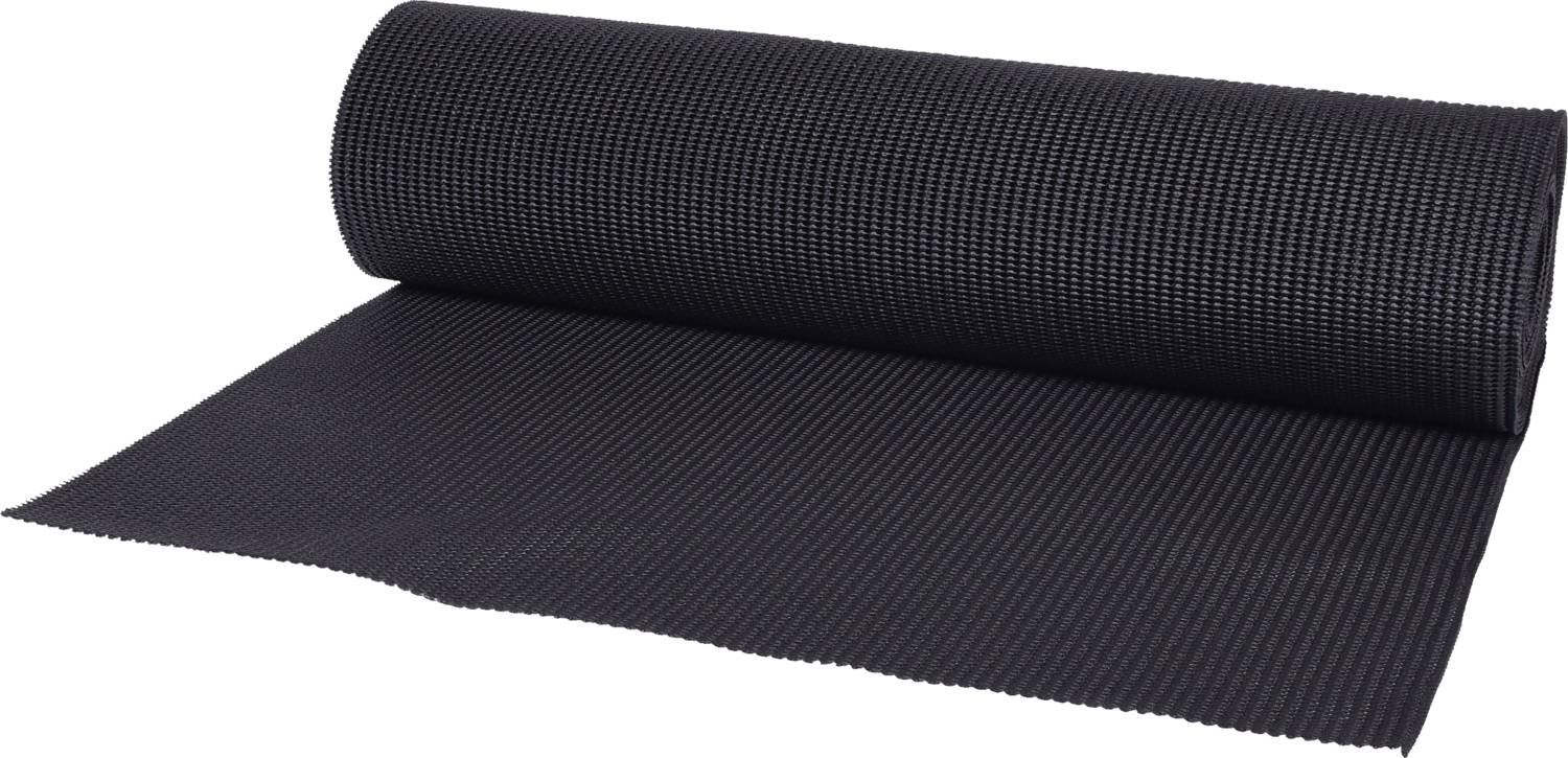 Eine aufgerollte, schwarze Yoga- oder Gymnastikmatte liegt teilweise ausgerollt auf einer Oberfläche.