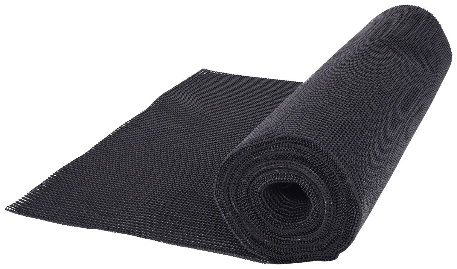 Schwarze rutschfeste Matte, teilweise aufgerollt. Sie dient der Stabilität und Sicherheit auf glatten Oberflächen.