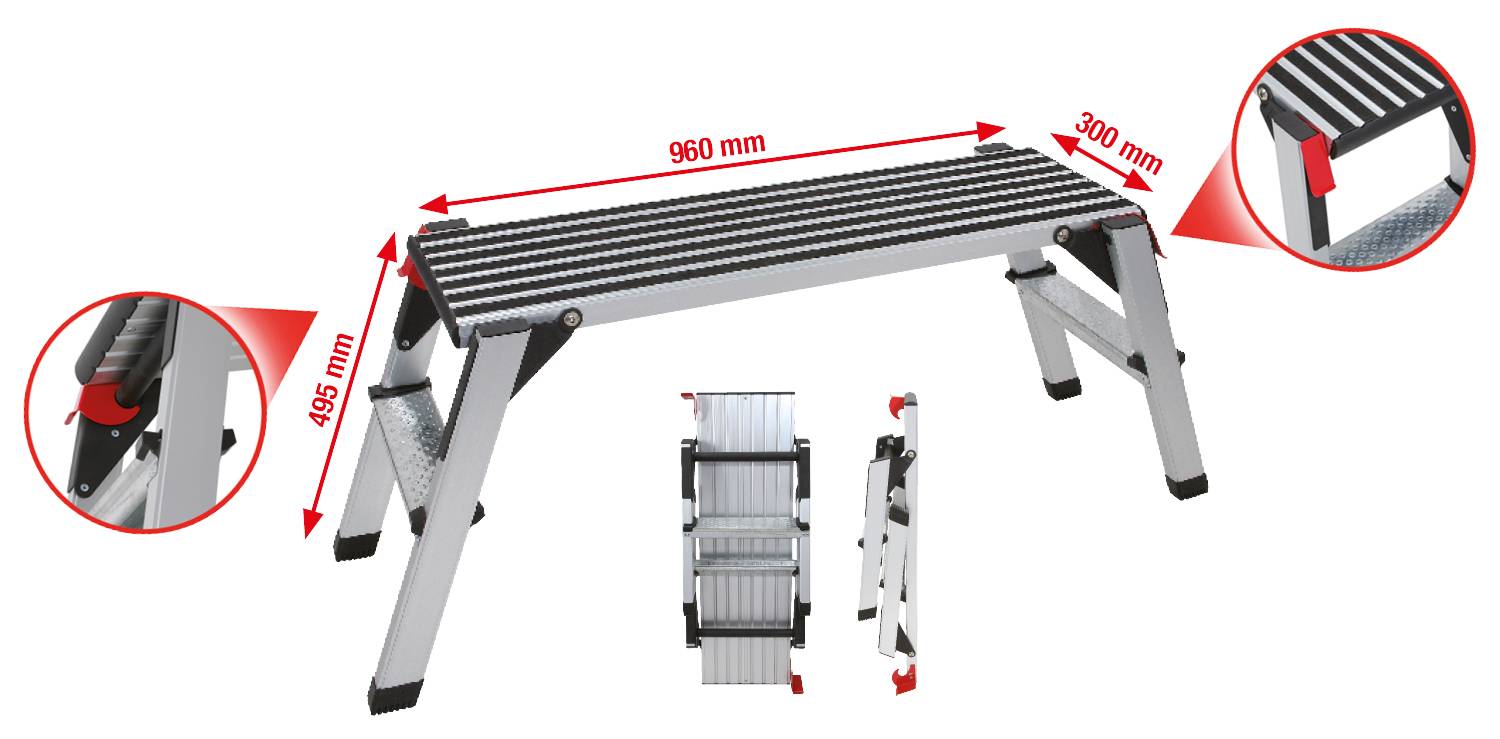 Aluminiumtrittschemel mit den Maßen 960 mm x 300 mm x 495 mm. Zwei Nahaufnahmen zeigen Details an den Gelenken.