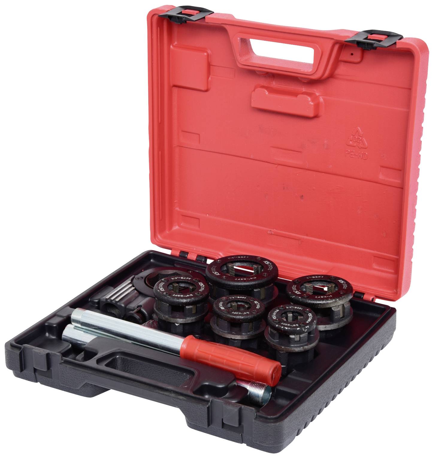 Offene schwarze Werkzeugkiste mit rotem Deckel, enthält Rohrgewindeschneider-Werkzeuge in verschiedenen Größen und einen roten Griff.