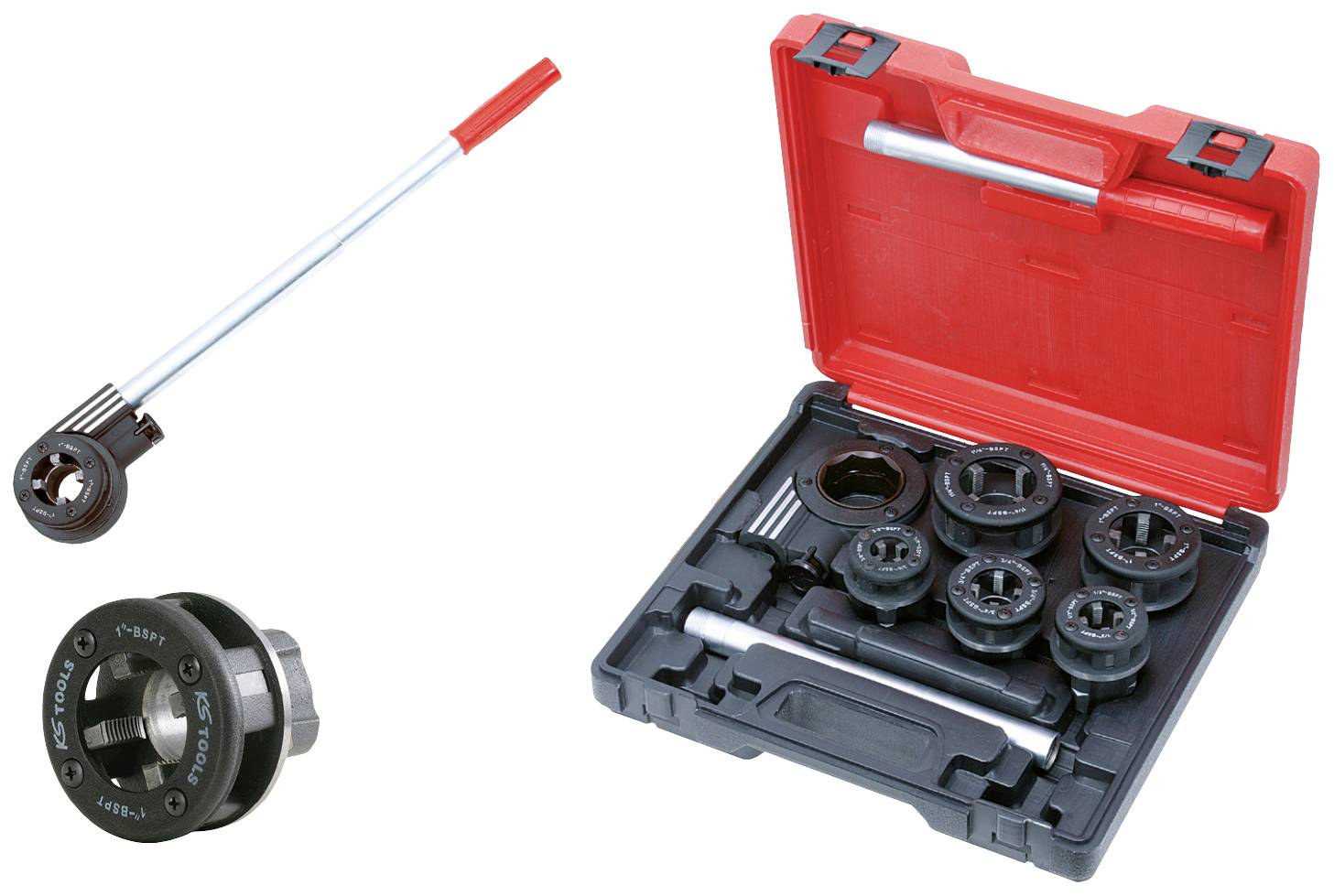 Ein Gewindeschneidenset mit Ratsche, bestehend aus verschiedenen Gewindebohrern in einem roten Kunststoffkoffer und einer Ratsche.
