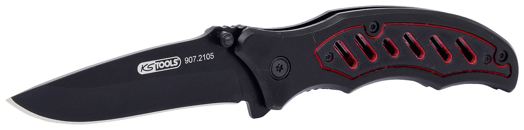 Ein schwarzes Klappmesser mit rutschfestem Griff und rotem Lochdesign, geeignet für Outdoor- und Alltagsanwendungen.