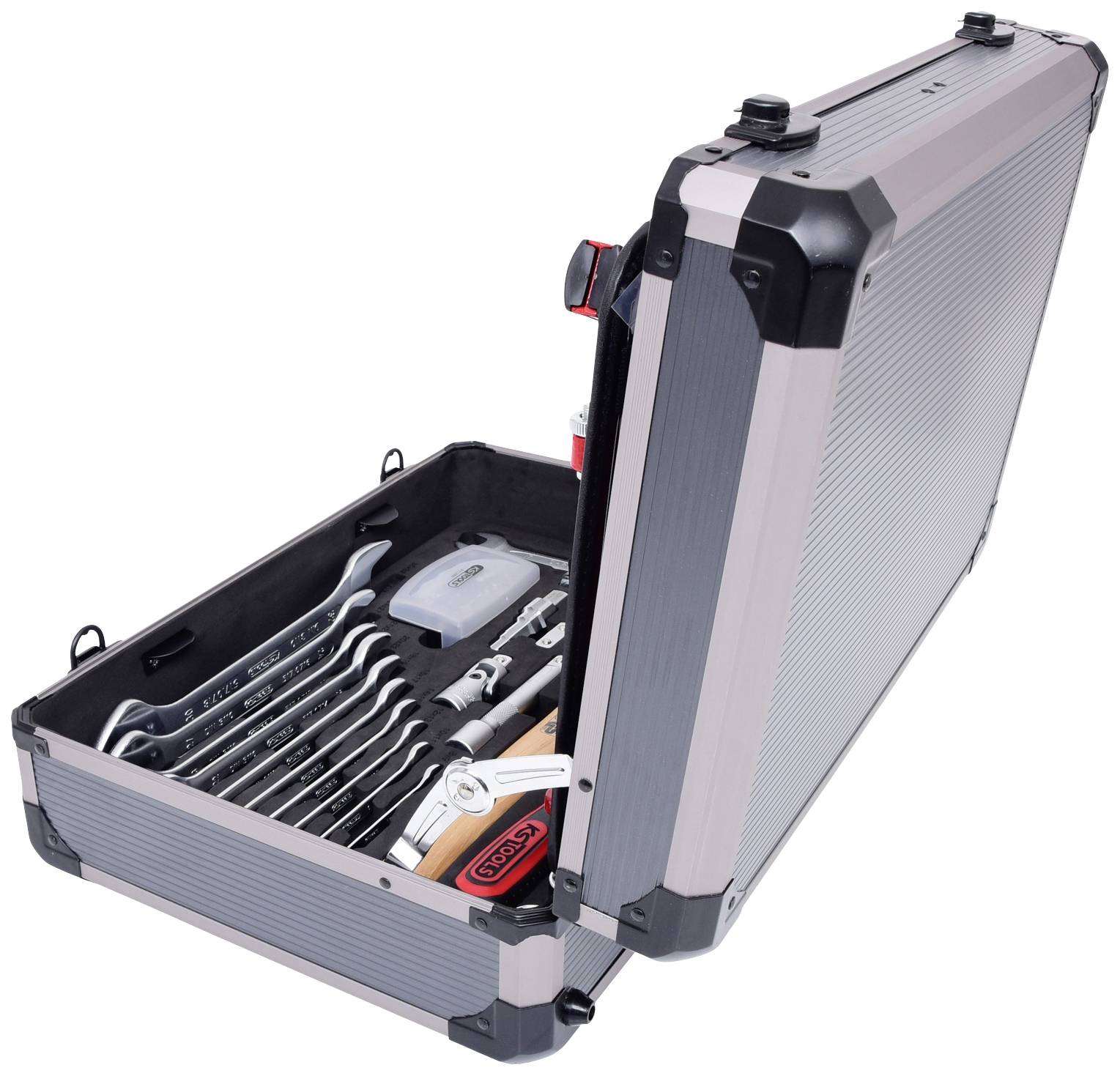 Ein geöffneter Werkzeugkoffer mit verschiedenen Schraubenschlüsseln, einem Hammer und weiteren Werkzeugen, geeignet für Reparaturarbeiten.