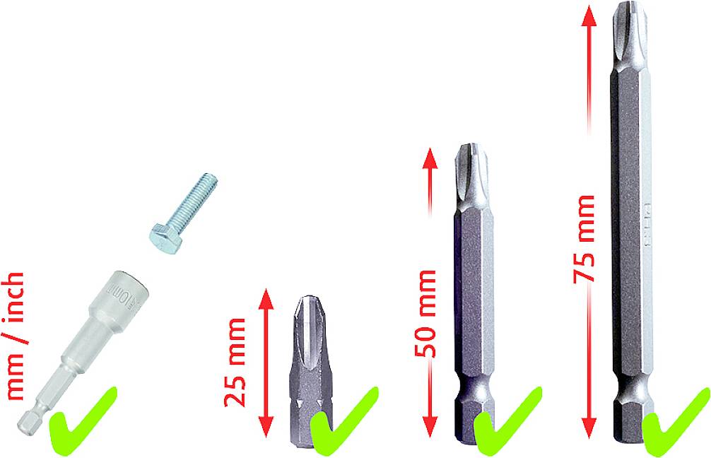 Das Bild zeigt verschiedene Schrauberbits in unterschiedlicher Länge: 25 mm, 50 mm und 75 mm, illustriert mit Pfeilen und Markierungen.