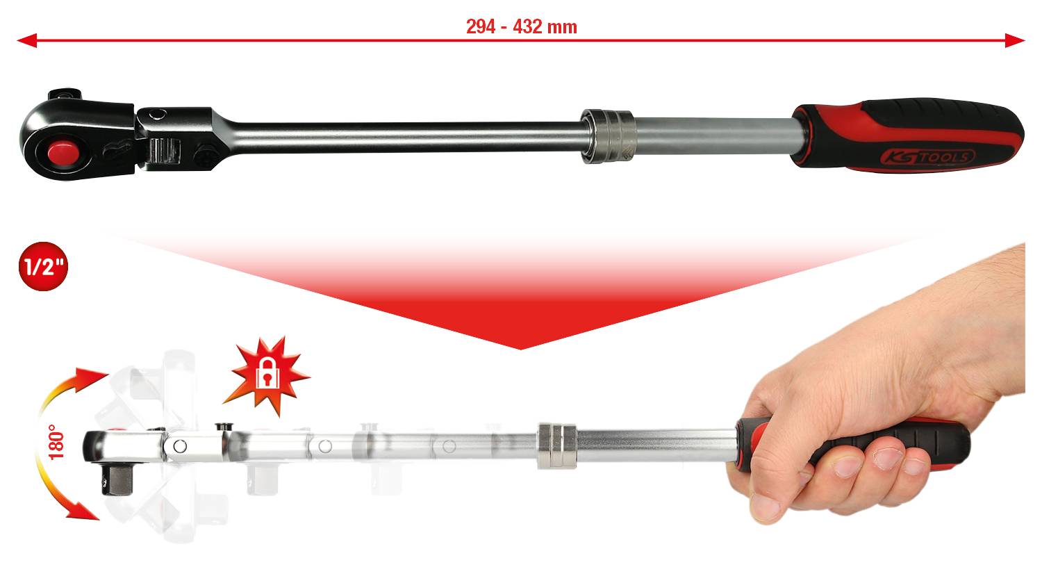 Drehmomentschlüssel mit verstellbarer Länge von 294 bis 432 mm, 1/2 Zoll Antrieb, 180° Drehfunktion, roter Verriegelungsknopf.