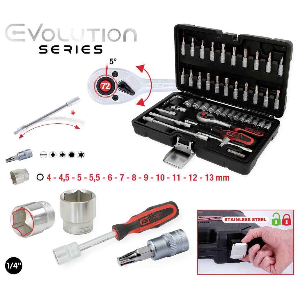 'EVOLUTION SERIES' Werkzeugsatz mit Ratsche zeigt 72-Zahn-Mechanik, 5° Drehwinkel. Größen 4–13 mm, Edelstahlbeschichtung.