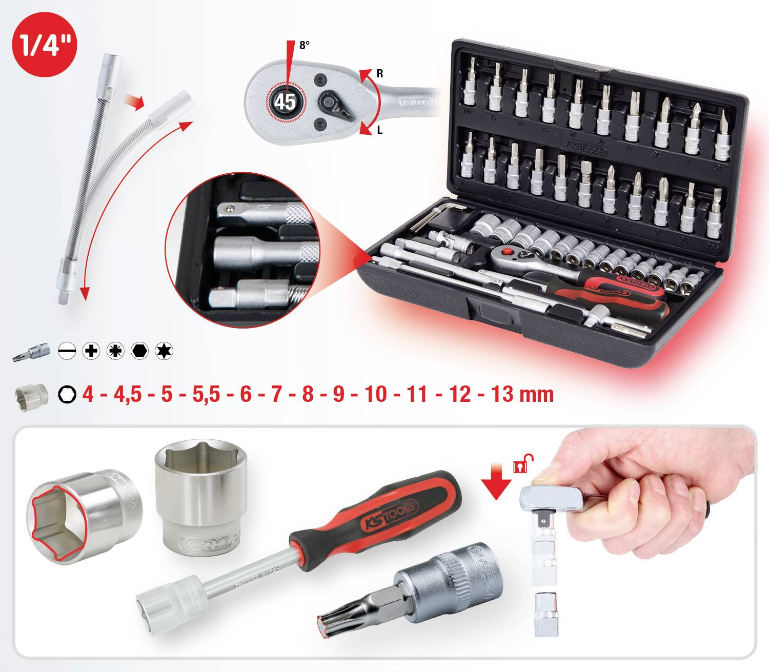 Werkzeugset mit Steckschlüsseln, Bits und Ratsche. Größen reichen von 4 bis 13 mm. Enthält auch Verlängerungen und einen Schraubendrehergriff.