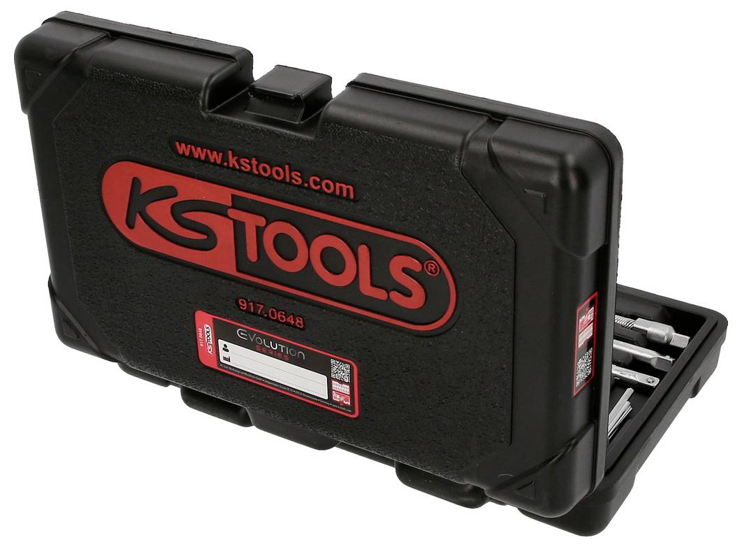 Ein schwarzer Werkzeugkoffer von KS Tools mit rotem Logo, teilweise geöffnet, zeigt Inbus-Aufsätze.