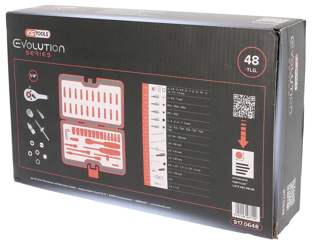 Verpackung eines 48-teiligen Werkzeugsets von KS Tools mit Abbildung des Inhalts: Ratschenschlüssel, Bits, Schraubendreheraufsätze.