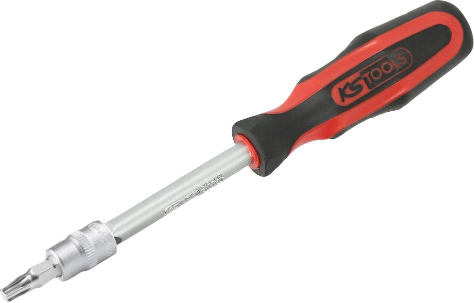 Schraubendreher mit rotem, ergonomischem Griff und silberner Spitze, geeignet für Torx-Schrauben.