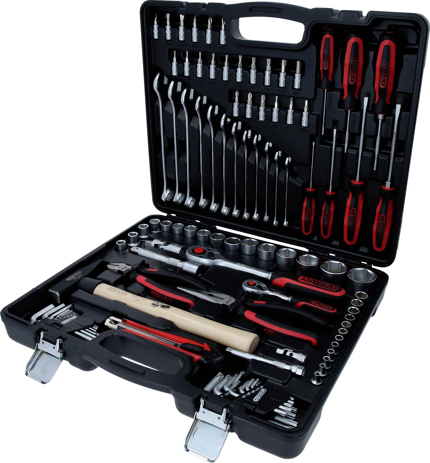 Ein Werkzeugkoffer mit verschiedenen Handwerkzeugen, darunter Schraubenschlüssel, Schraubendreher, Zangen und ein Hammer.