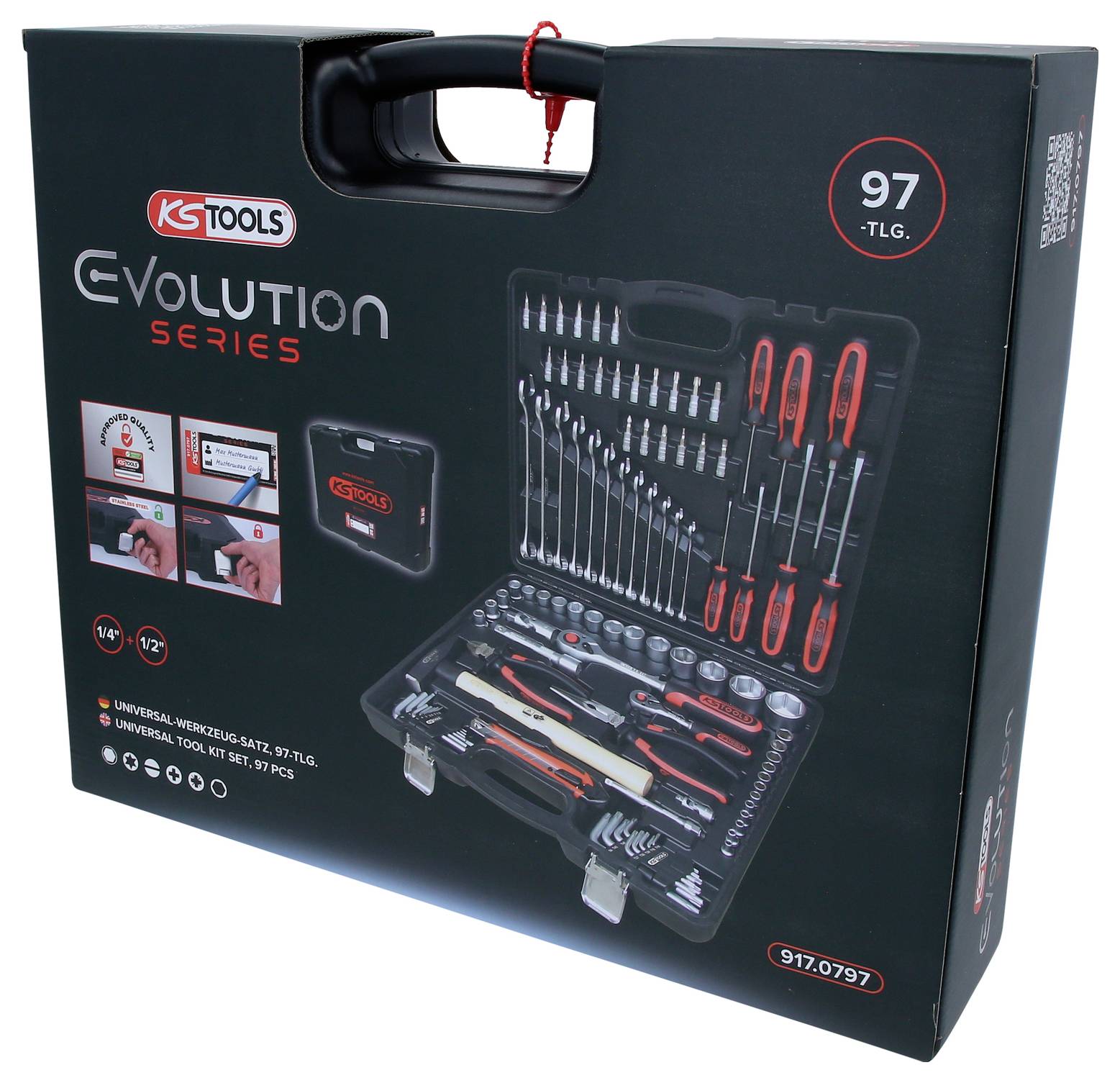 Schwarzer Werkzeugkoffer mit dem Etikett 'KS Tools Evolution Series' und '97 tlg.', zeigt Bild von Werkzeugen im Kofferinneren.