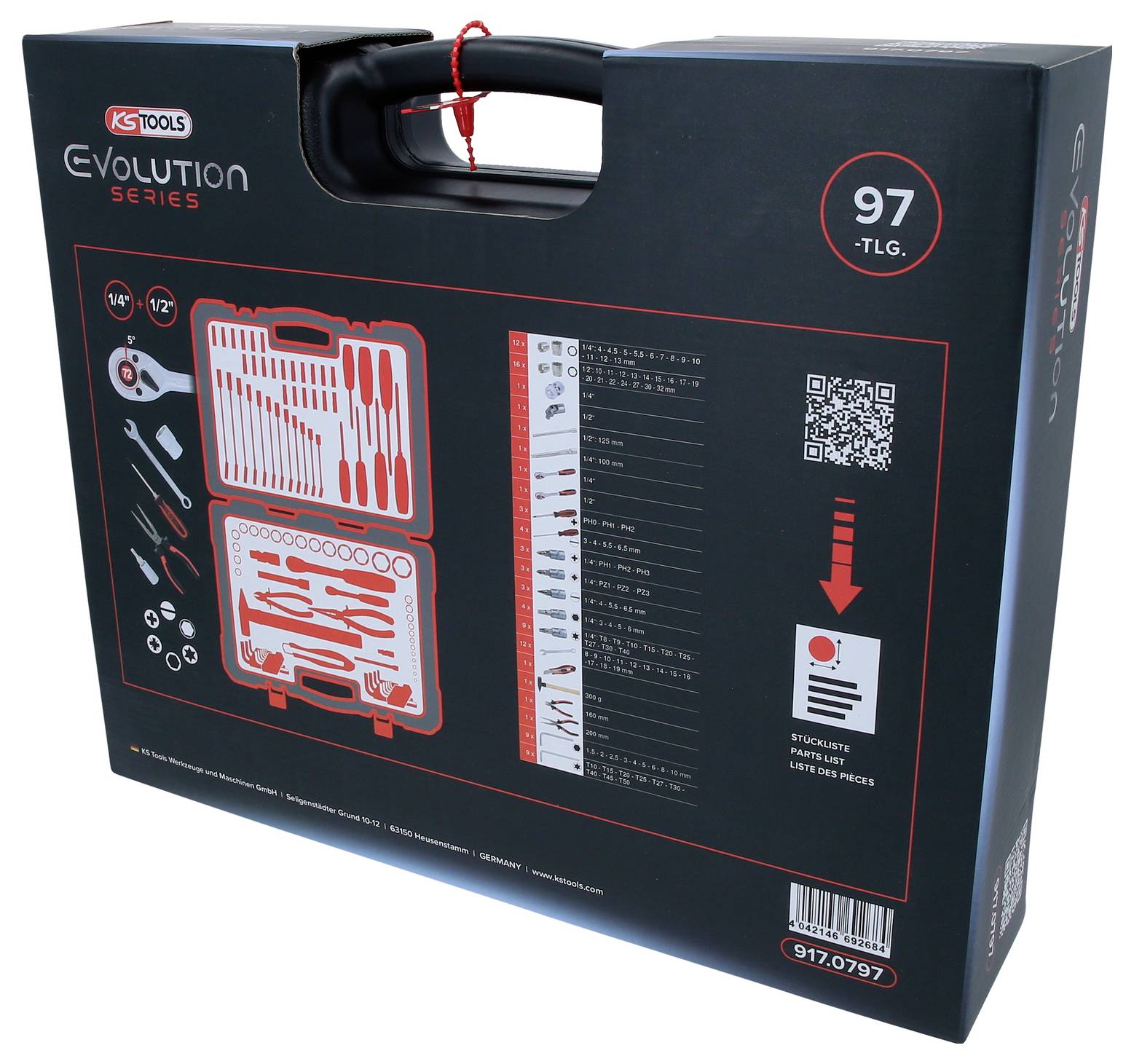 Schwarzer Werkzeugkoffer von 'KS Tools' Evolution Series, zeigt 97-teiliges Set mit Abbildung der Werkzeuge auf der Verpackung.