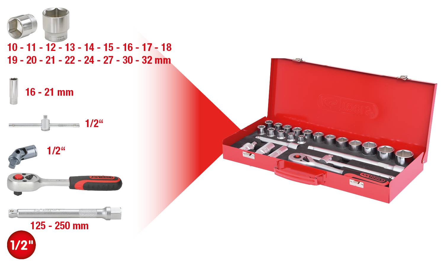 Roter Werkzeugkasten mit Steckschlüsselsatz und Zubehör. Größen 10-32 mm, Verlängerungen 125-250 mm und Ratsche 1/2 Zoll enthalten.
