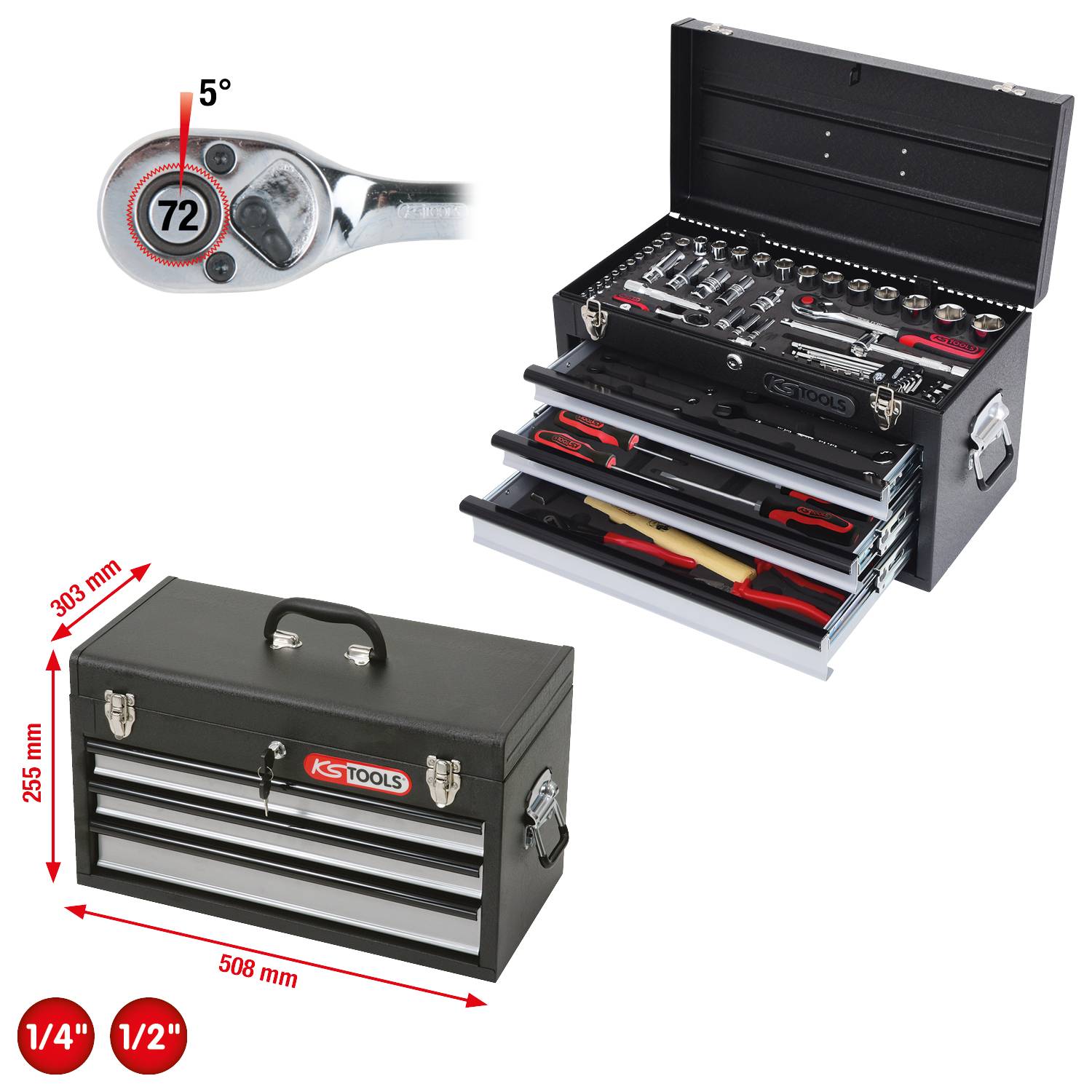 'KS Tools' Werkzeugkoffer mit Steckschlüsseln und Ratsche, 72 Zähne, 1/4