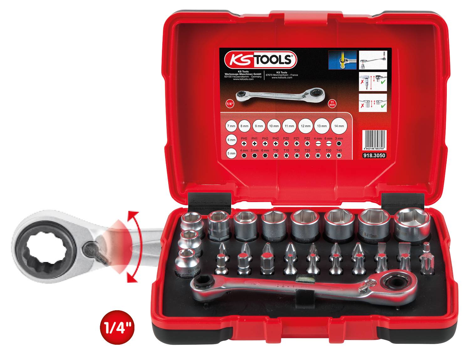 Ein Steckschlüsselsatz von KS Tools in einem roten Koffer, einschließlich einer Ratsche und verschiedenen Stecknüssen.