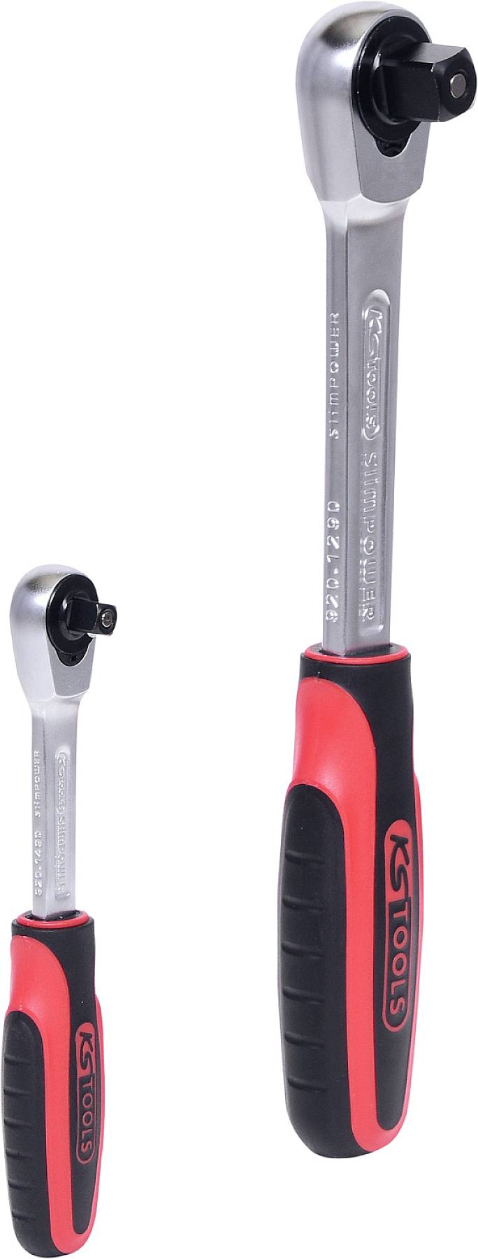 Zwei rote und schwarze Ratschen mit ergonomischen Griffen. Unterschiedliche Größen werden gezeigt. Ideal für mechanische Arbeiten.