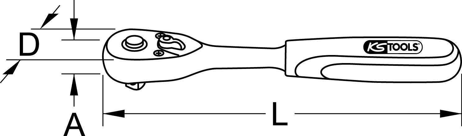 Zeichnung eines Werkzeugs (Ratsche) mit Beschriftungen D, A, und L, die Maße und Dimensionen der Ratsche angeben.