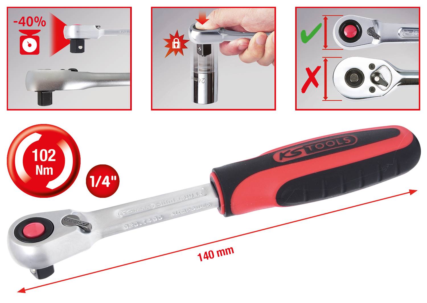 Umschaltknarre mit Kompaktgriff, 140 mm, 1/4 Zoll. Reduziert Kraftaufwand um 40 %. Drehmoment 102 Nm. Sicherheitsverriegelung gezeigt.