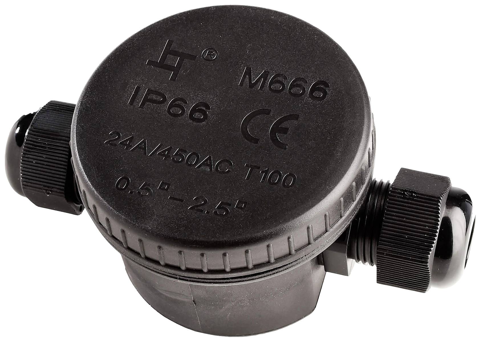 Ein schwarzes, zylinderförmiges Gerät mit Aufschrift 'IP66 M666 CE 24A/450AC T100 0.5" – 2.5"'. Geeignet für elektrische Anwendungen.