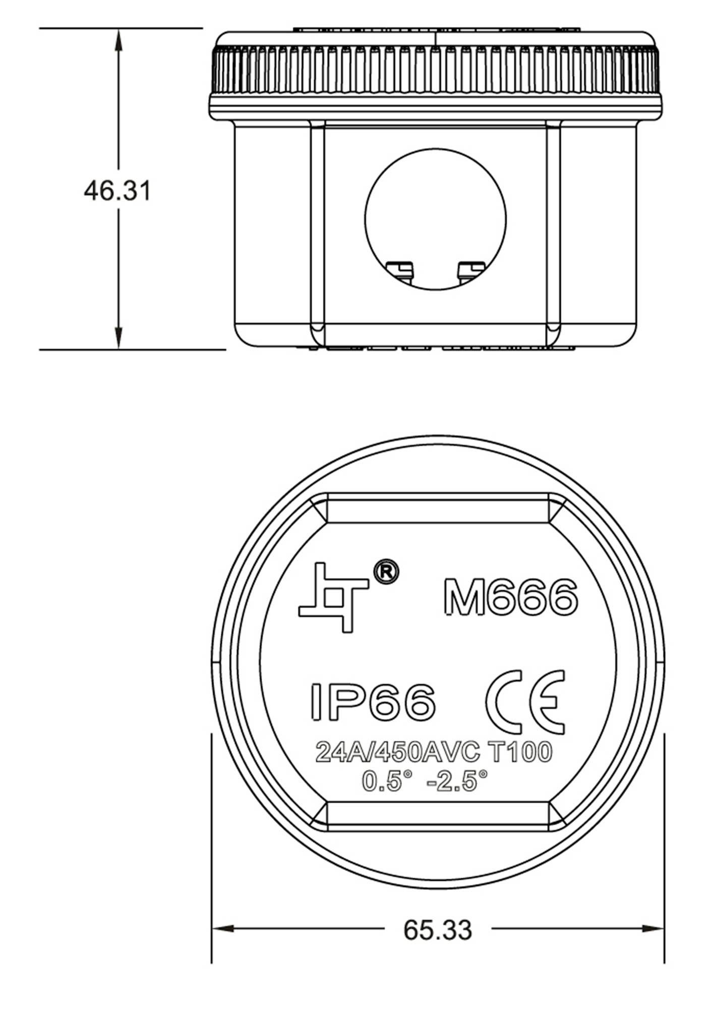 Technische Zeichnung eines zylindrischen Bauteils, Maße 46,31 mm in der Höhe und 65,33 mm im Durchmesser. Markierungen: IP66, M666, CE.
