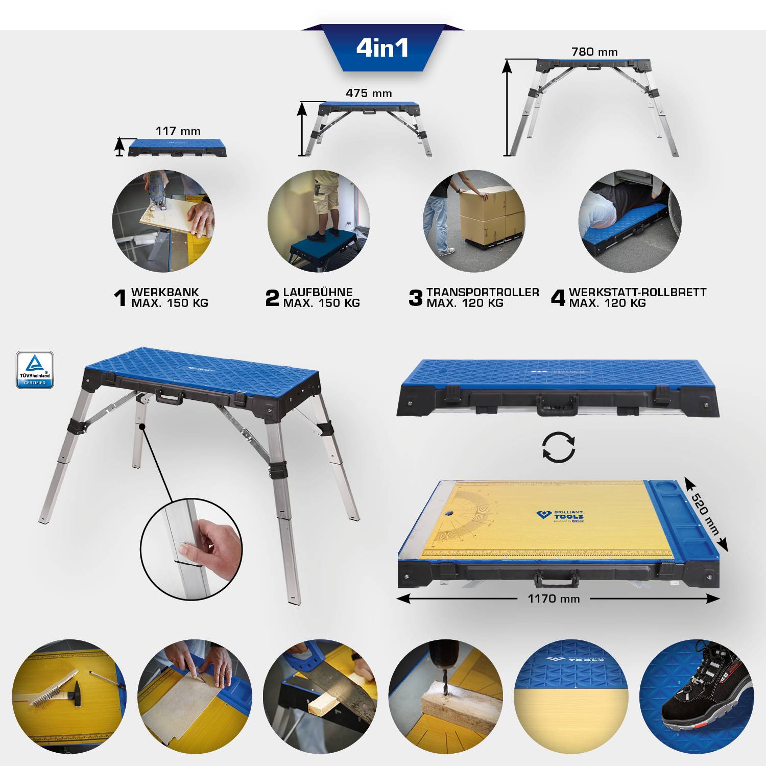 '4in1 Arbeitsplattform': Zusammenklappbare Plattform, Maße 117 x 780 mm, max. Belastbarkeit 150 kg. Funktionen: Werkbank, Laufbühne, Transportroller, Werkstatt-Rollbrett.