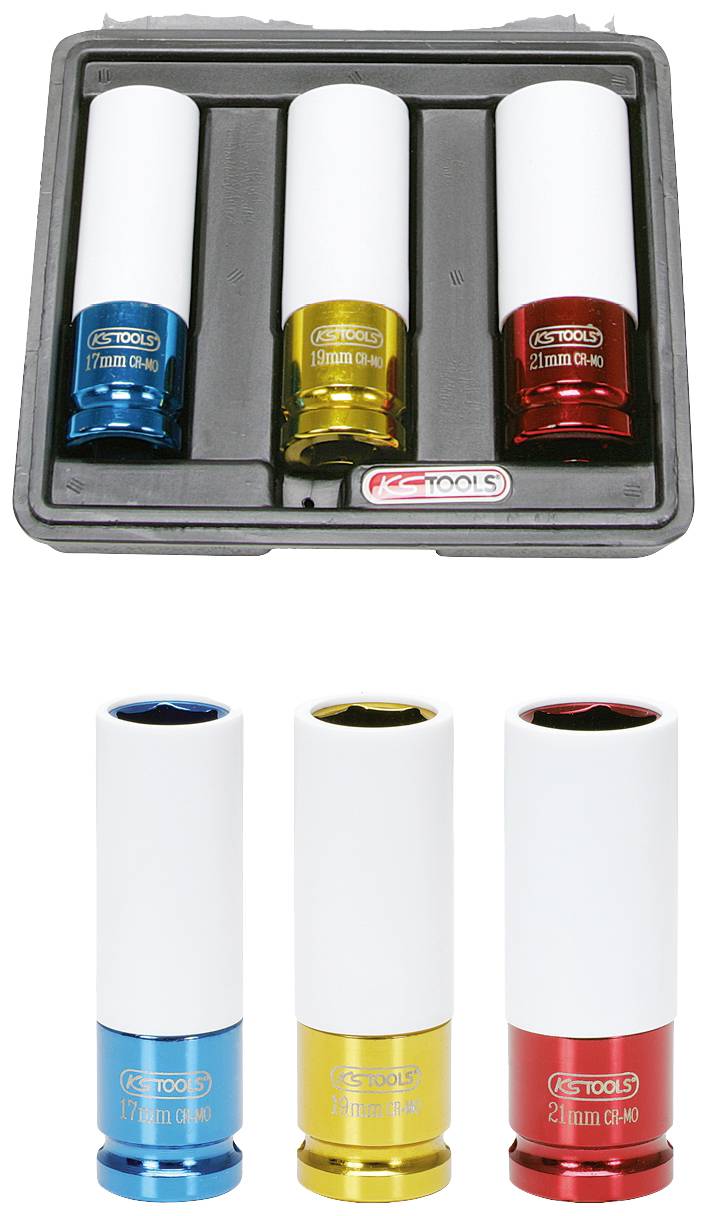 Ein Set von drei Steckschlüsselaufsätzen in Blau, Gelb und Rot, jeweils mit Größenangabe, in einer schwarzen Ablageschale.