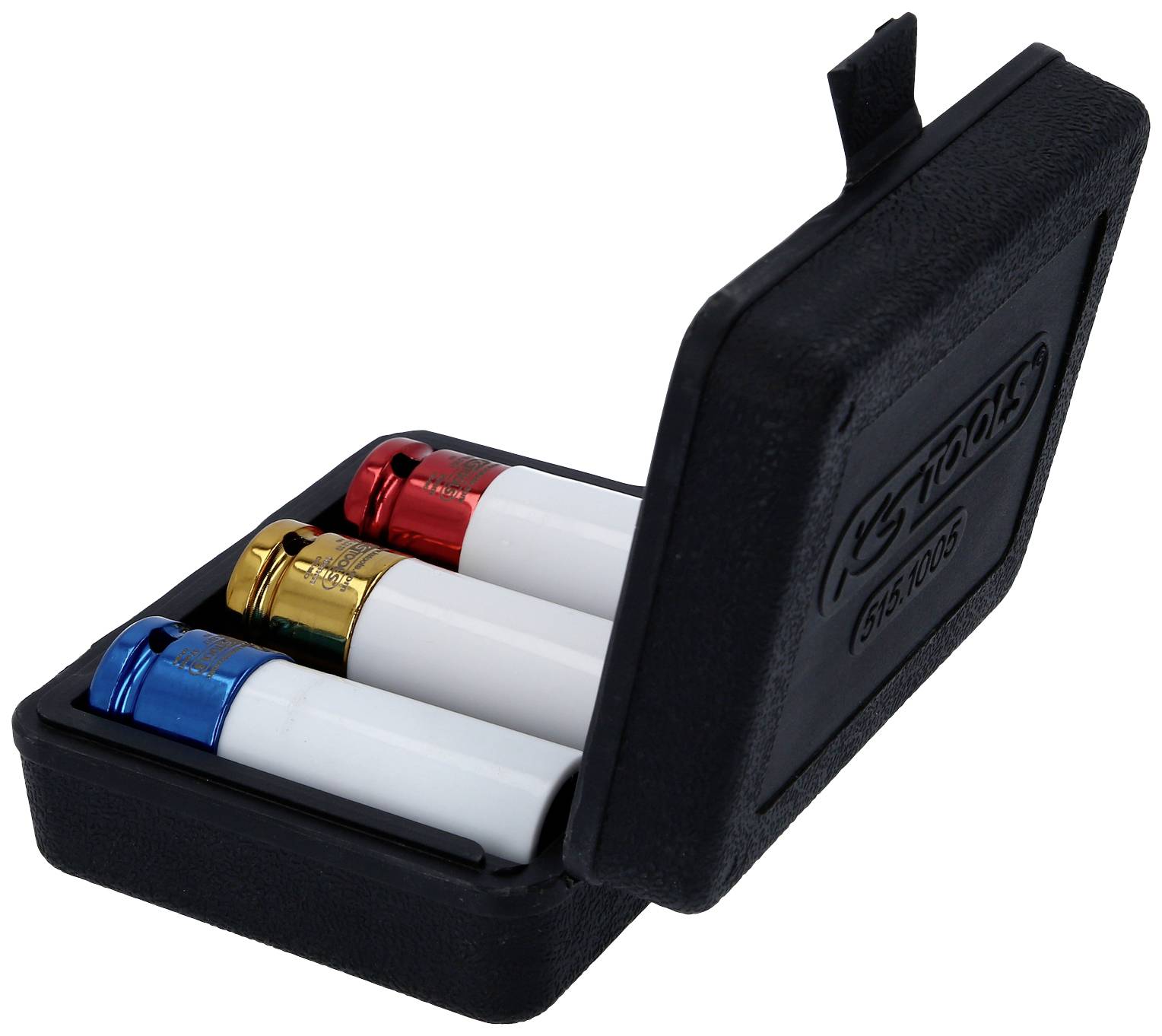 Drei farbige Steckschlüssel in Rot, Gelb und Blau in einer schwarzen Box.