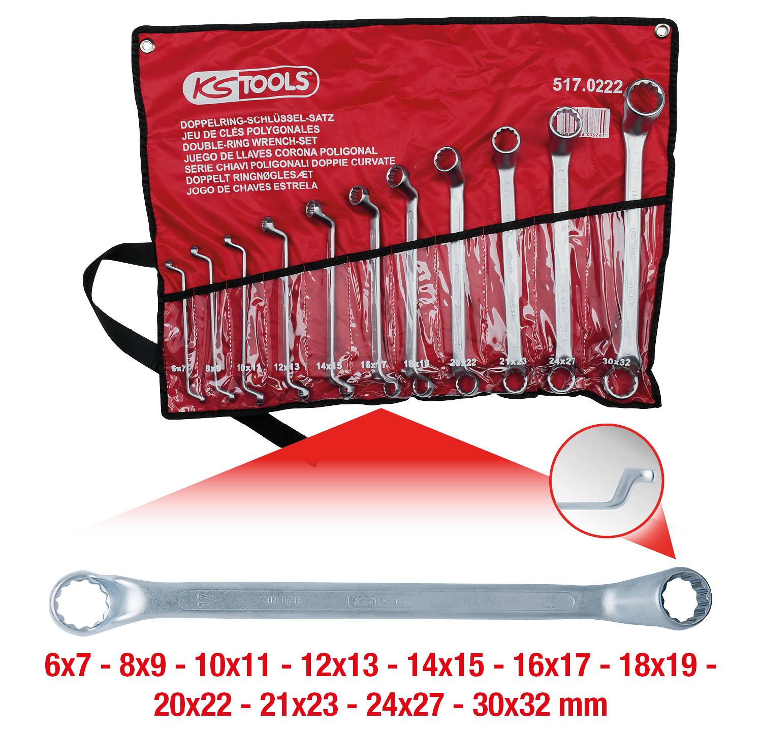 'KS Tools' Werkzeugsatz mit zwölf Doppelseitenschlüsseln in verschiedenen Größen von 6x7 bis 30x32 mm, auf rotem Halter.