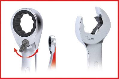 Ratschenschlüssel mit zwei Enden: Links ein geschlossener Ring mit Pfeil für die Drehrichtung, rechts ein offenes Gabelende.