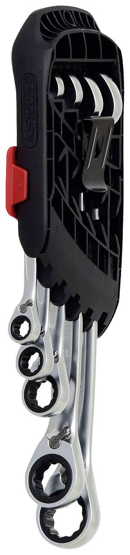 Ein Set von vier Chrom-Vanadium-Ringschlüsseln in abnehmbarer, schwarzer Kunststoffhalterung mit rotem Detail, vertikal angeordnet.