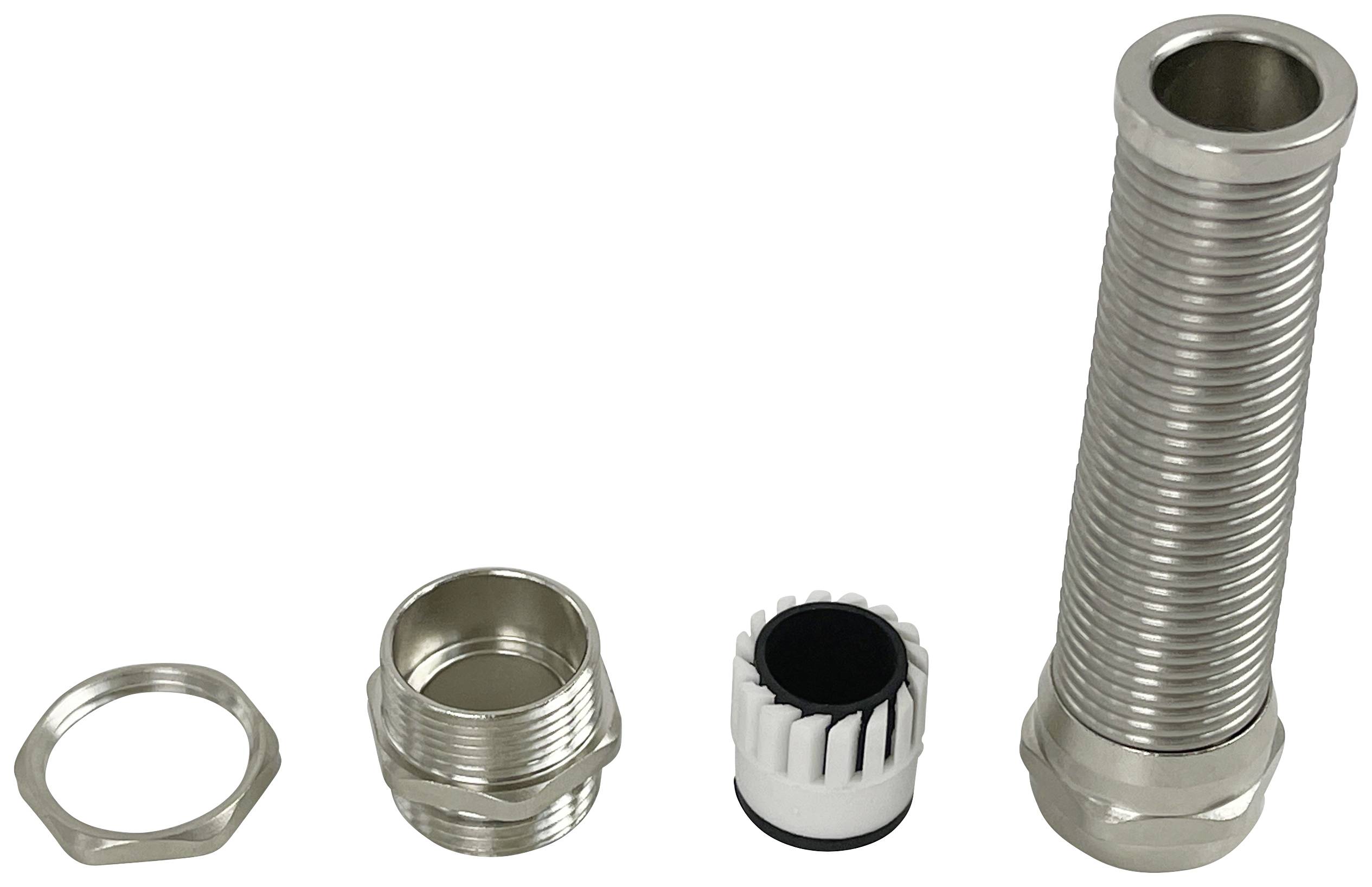 Vier Metall- und Kunststoffteile: eine Sechskantmutter, ein Anschlussstück, ein kleiner Kunststoffadapter und ein flexibles Rohr.