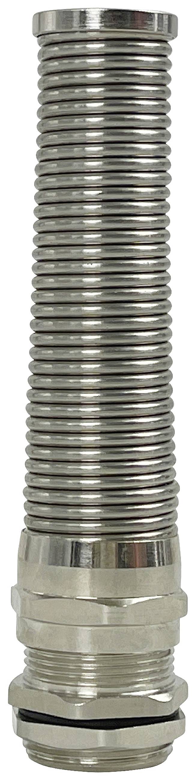 Ein flexibler Metallschlauch in Silber mit geripptem Design, geeignet für Verbindungs- oder Rohrleitungssysteme.