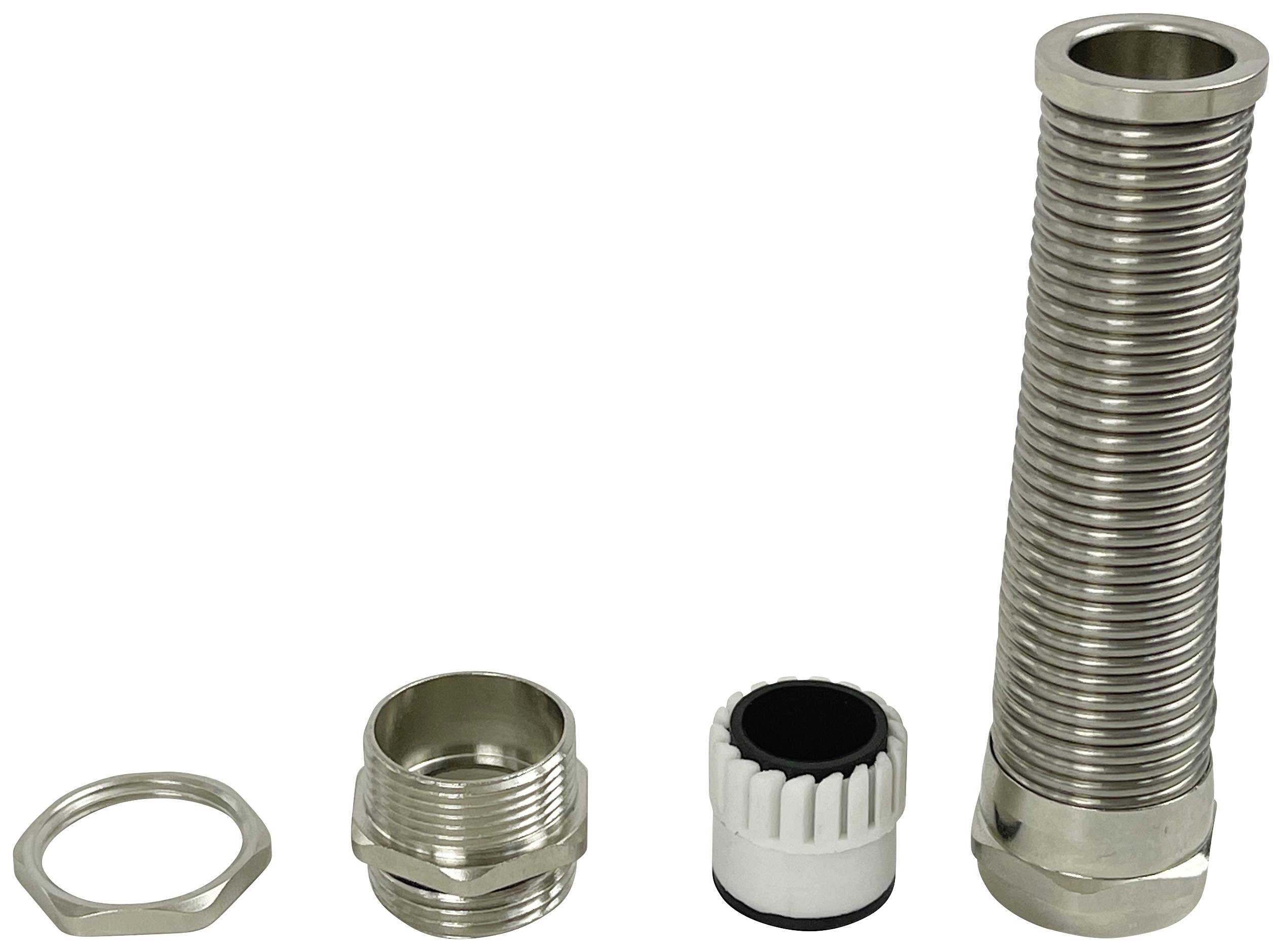 Fünf Metallteile, darunter ein gewelltes Anschlussrohr und vier Muttern verschiedener Größen, die nebeneinander auf einer weißen Fläche liegen.